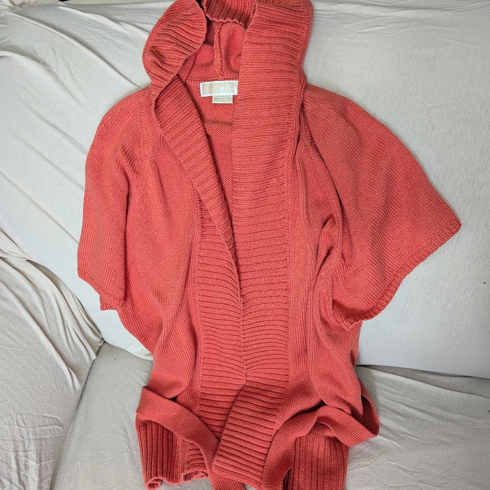 Micheal Kors hooded coral colored waist tie sweater